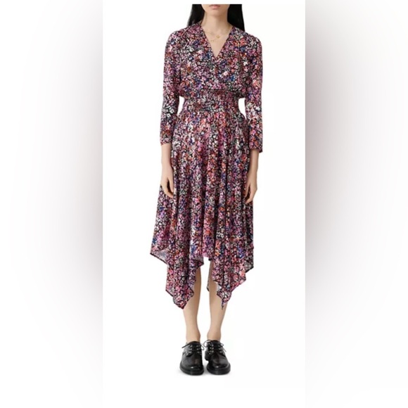 Maje Dresses & Skirts - Maje Avianah Floral Asymmetrical Midi Dress Size 38 Black Pink Handkerchief